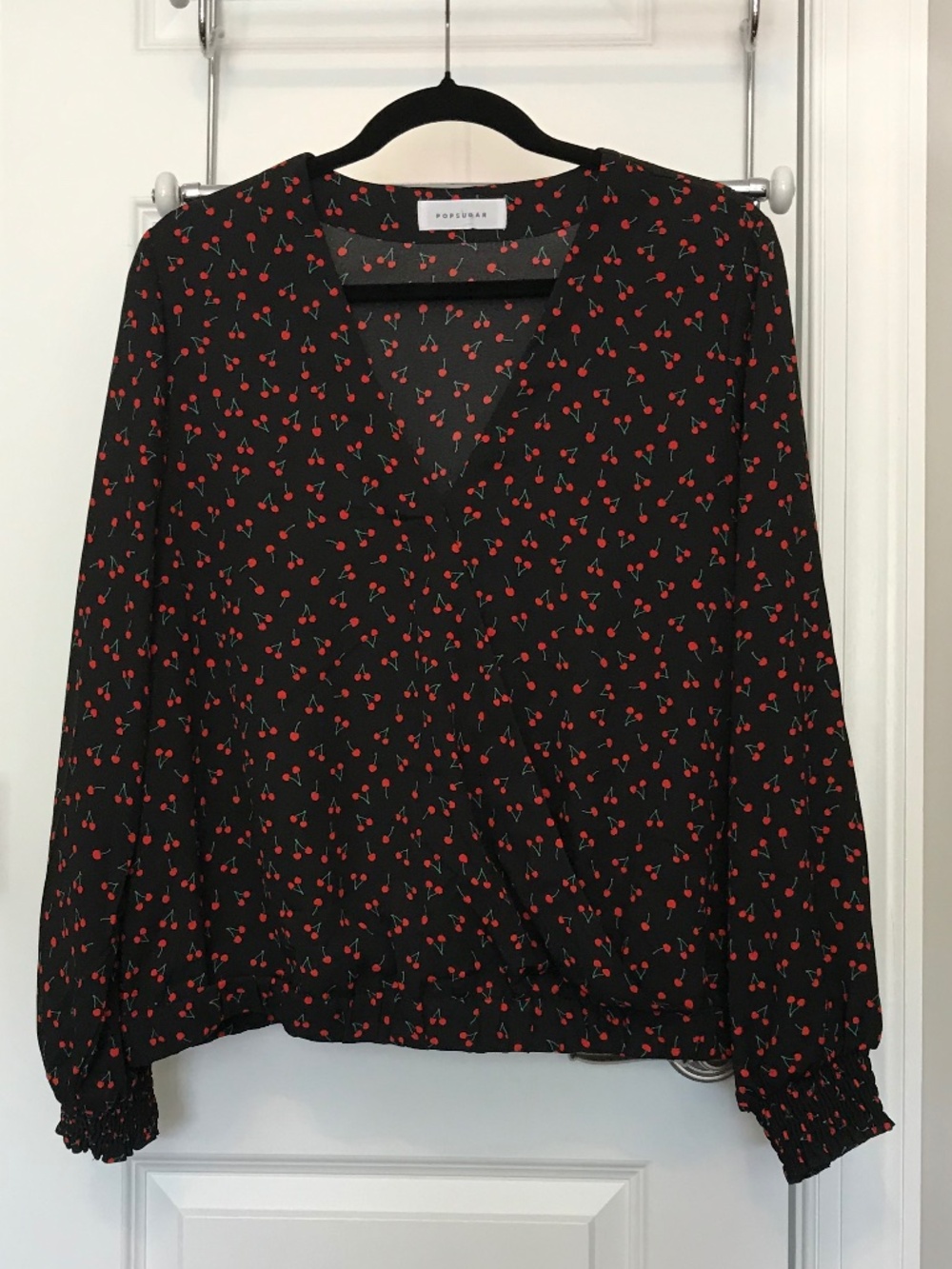 POPSUGAR black long sleeve v-neck blouse with cherry 🍒 print (M / L?)